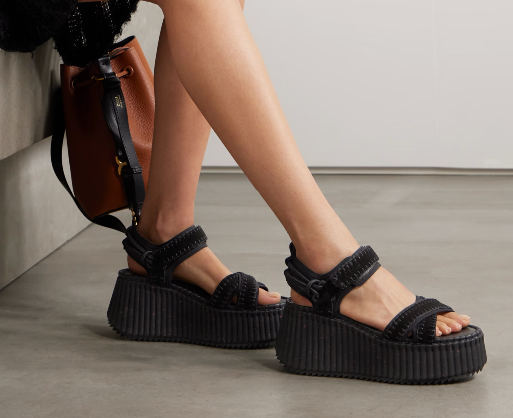 A pair of classic black platform sandals with chunky soles and sleek straps, perfect for adding height and style to any summer outfit.